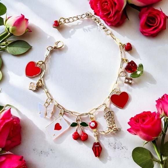 Whimsical Adorable Gold and Red Toned Charm Bracelet Adjustable Chain 7”-9” - Picture 7 of 17